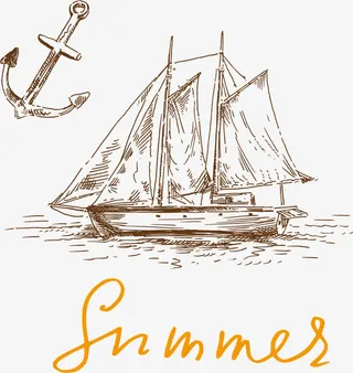 夏季海滩手绘线稿素材矢量素材免抠