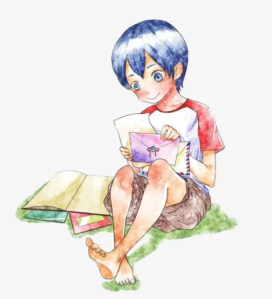 手绘看信的男孩免抠