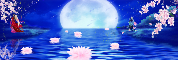 湖面睡莲花瓣月亮蓝色背景banner高清