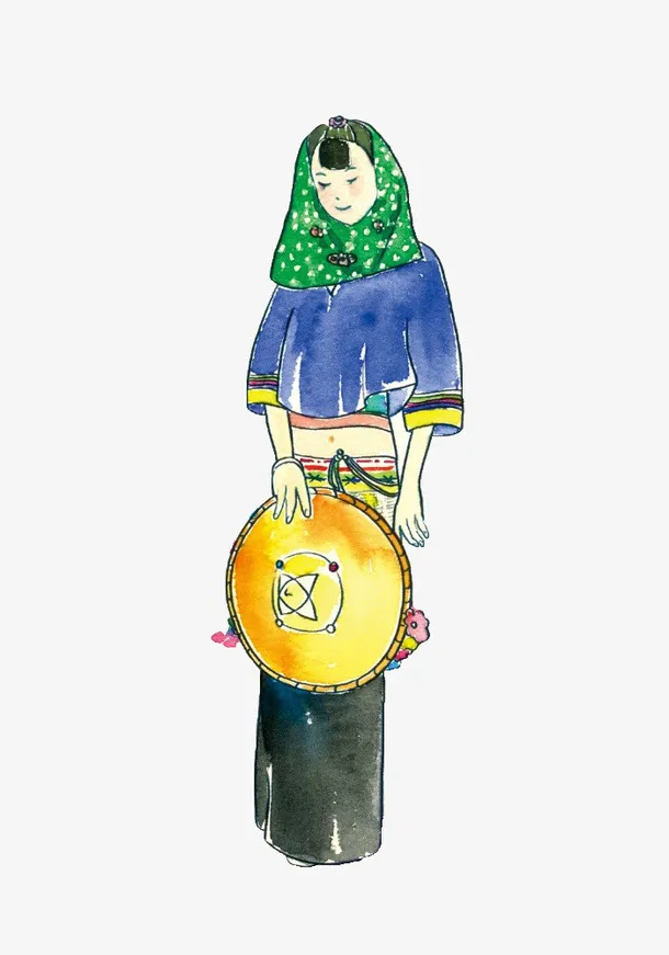 拿草帽的惠安女孩水彩画免抠