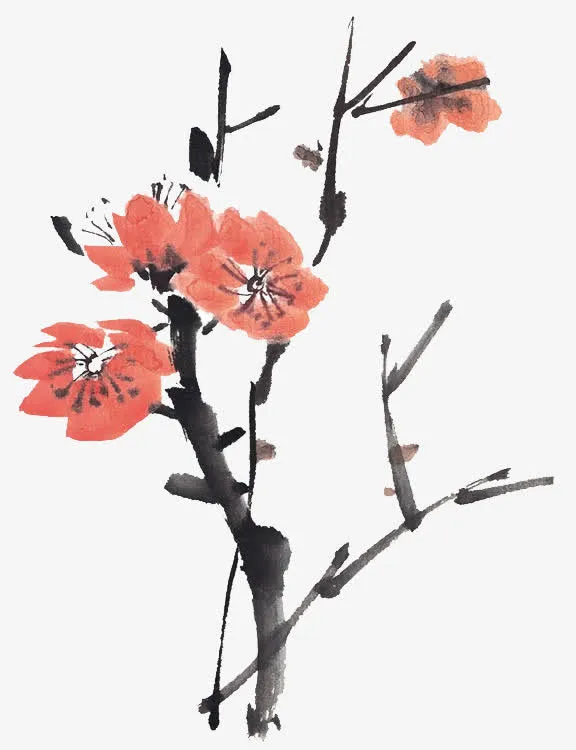 手绘红色梅花复古树枝免抠