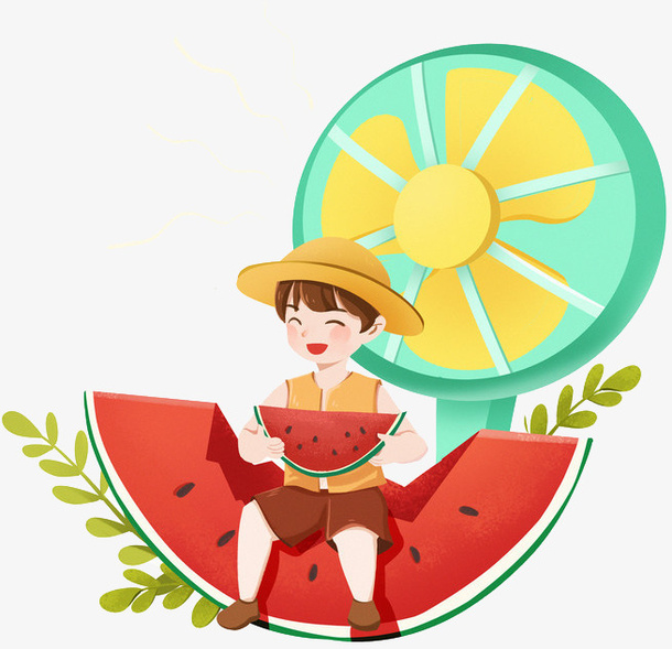 夏天节气创意男孩吃西瓜免抠