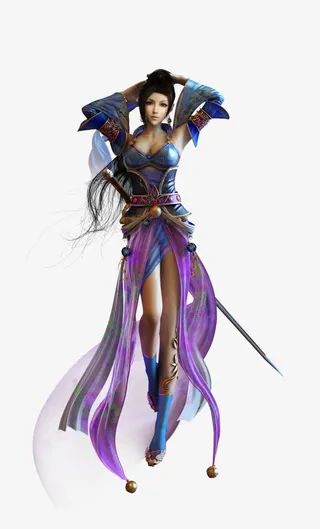 蓝色飘带古典美女png素材免抠