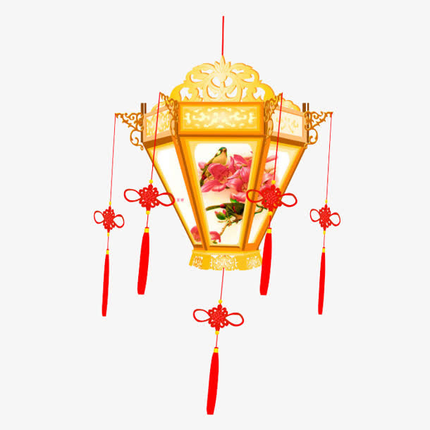 金色花鸟手绘宫灯免抠