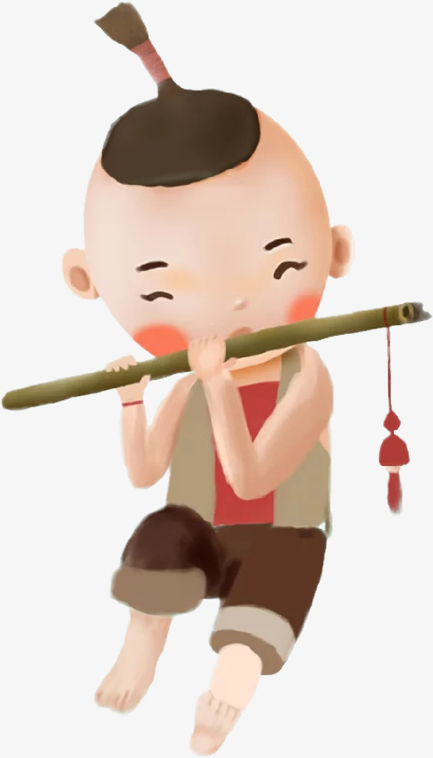 手绘吹笛子的清明牧童免抠