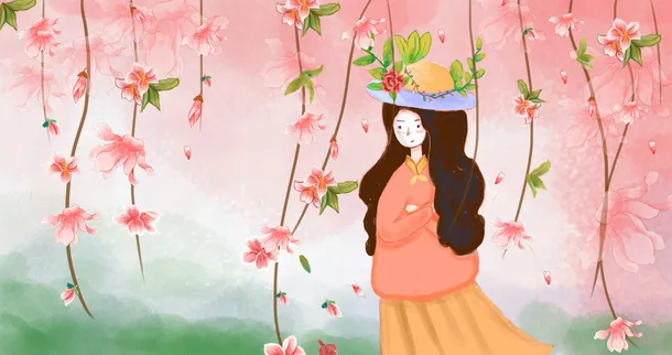 春天手绘女孩樱花藤蔓免抠