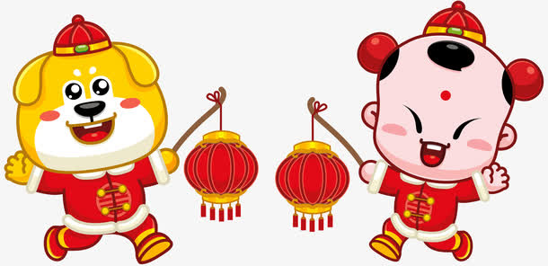 童子金狗拜年手绘灯笼免抠