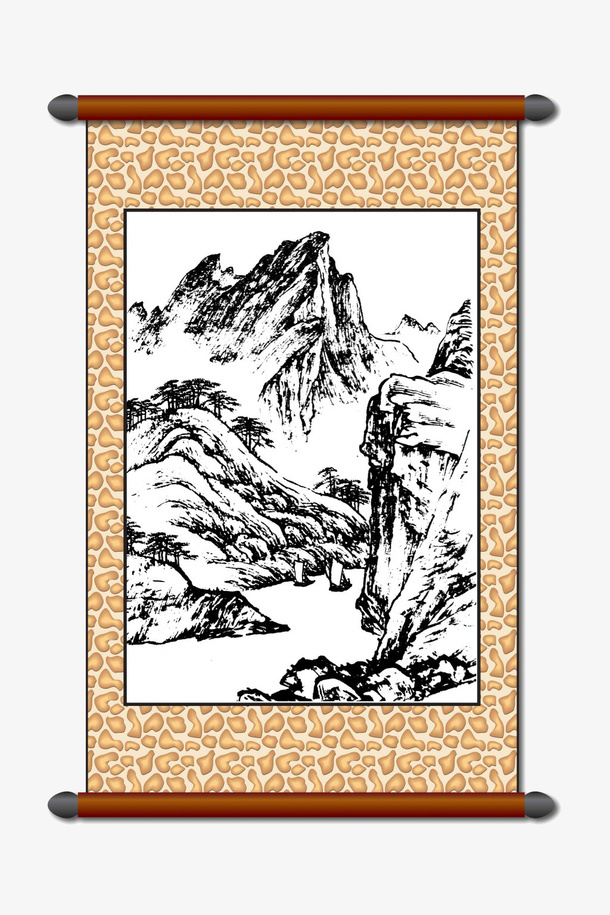 手绘水墨画画轴免抠