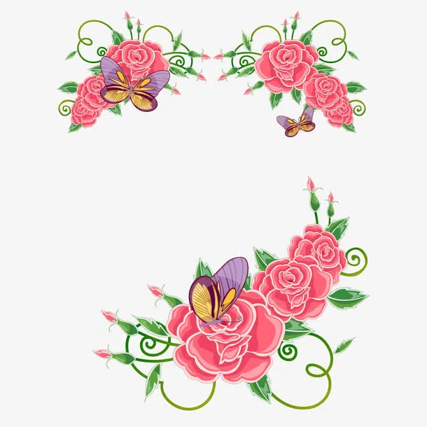 矢量图粉红玫瑰紫色蝴蝶花纹免抠