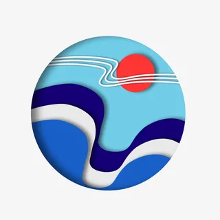 剪纸效果波浪红日大图标免抠