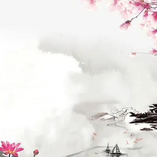 红色桃花古风河边小桥免抠