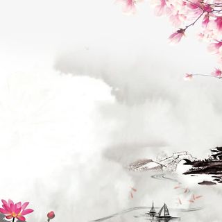 红色桃花古风河边小桥免抠