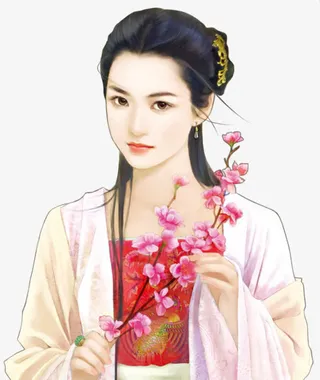 手拿粉色桃花复古美女图片免抠