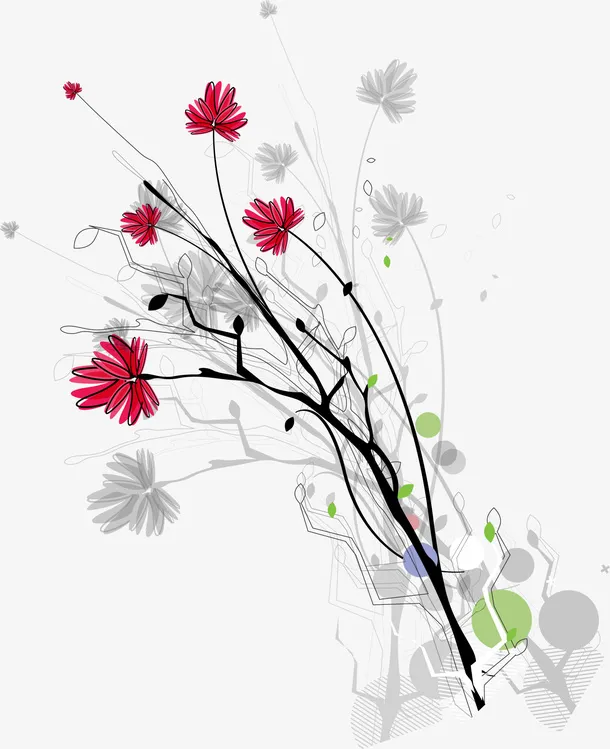 红色线条花朵免抠