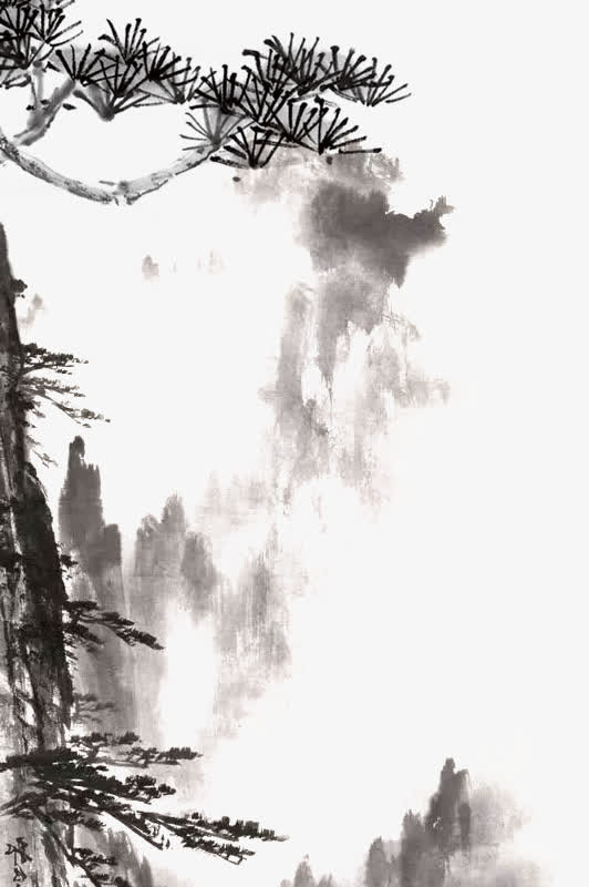 水墨山中松柏国画免抠