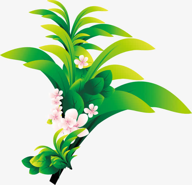 绿色卡通清爽春天树叶粉色花朵免抠