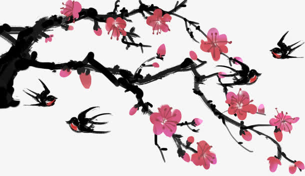 中国风手绘桃花归燕插画素材免抠