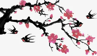 中国风手绘桃花归燕插画素材免抠