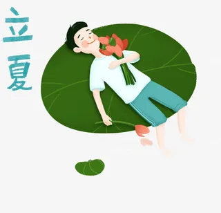 手绘立夏装饰插图荷叶上睡着的男免抠