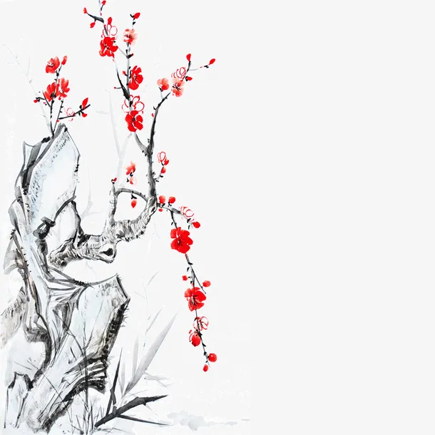 国潮手绘石中梅花素材免抠