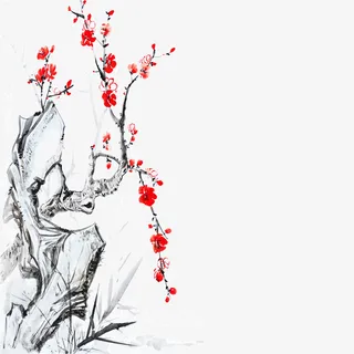 国潮手绘石中梅花素材免抠