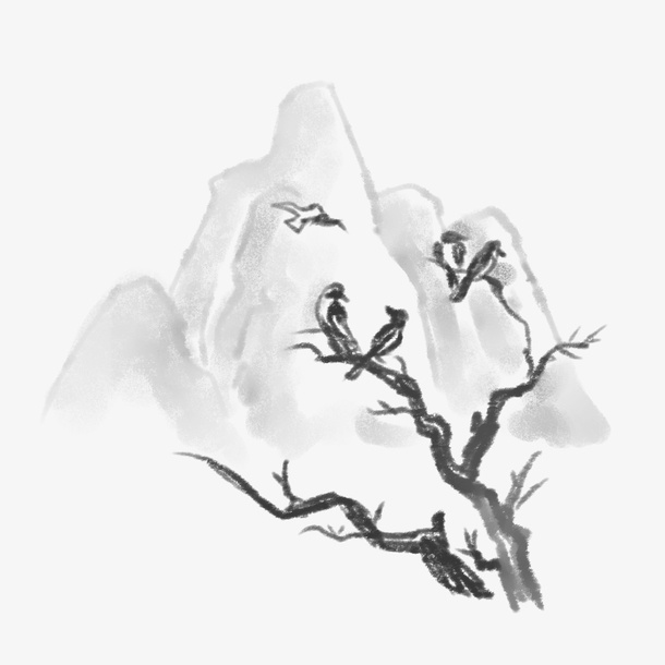 水墨手绘山石树枝元素免抠
