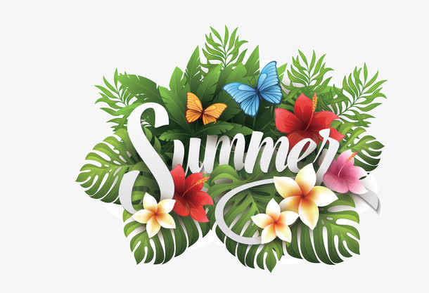 艳丽花草蝴蝶夏天艺术字免抠