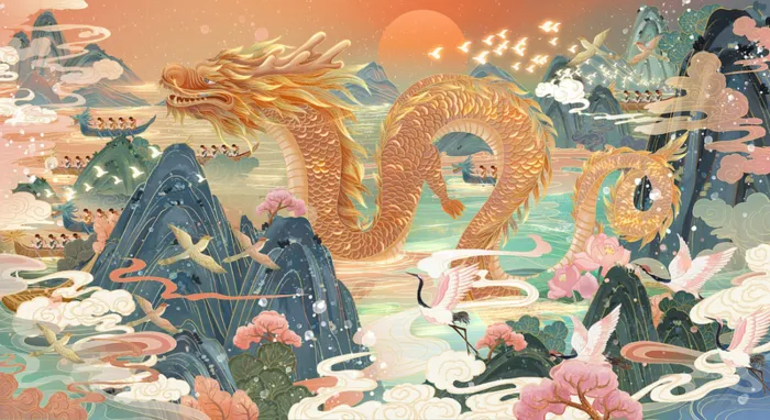 国潮手绘个性背景龙腾高清