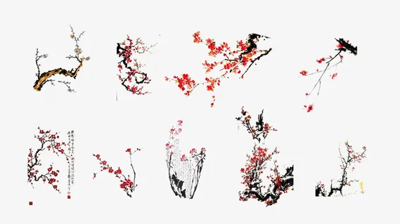 梅花水墨树枝装饰元素免抠 梅花水墨树枝装饰元素免抠