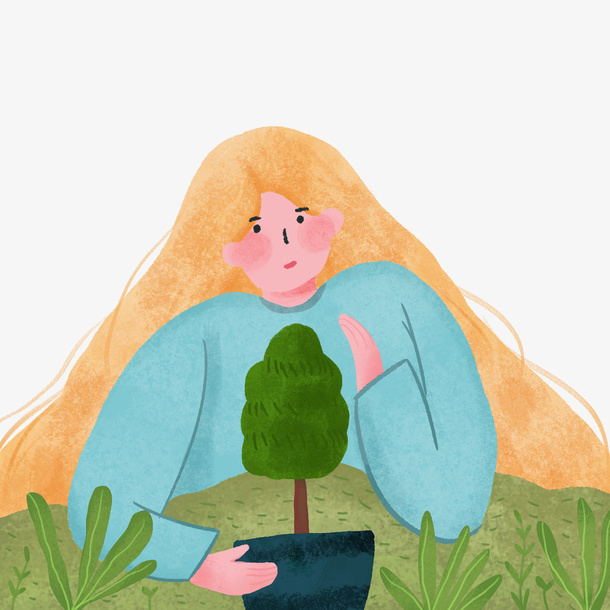植树节女孩人物卡通扁平风手绘元素免抠