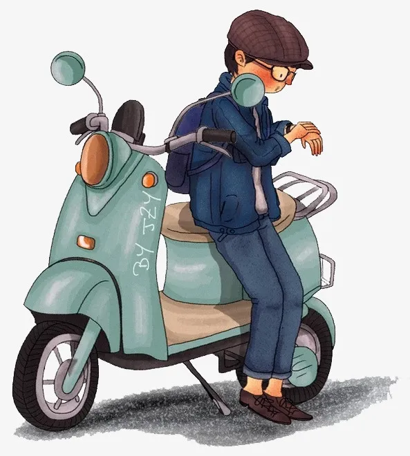 卡通手绘电瓶车旁等待的男生免抠