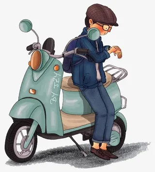 卡通手绘电瓶车旁等待的男生免抠