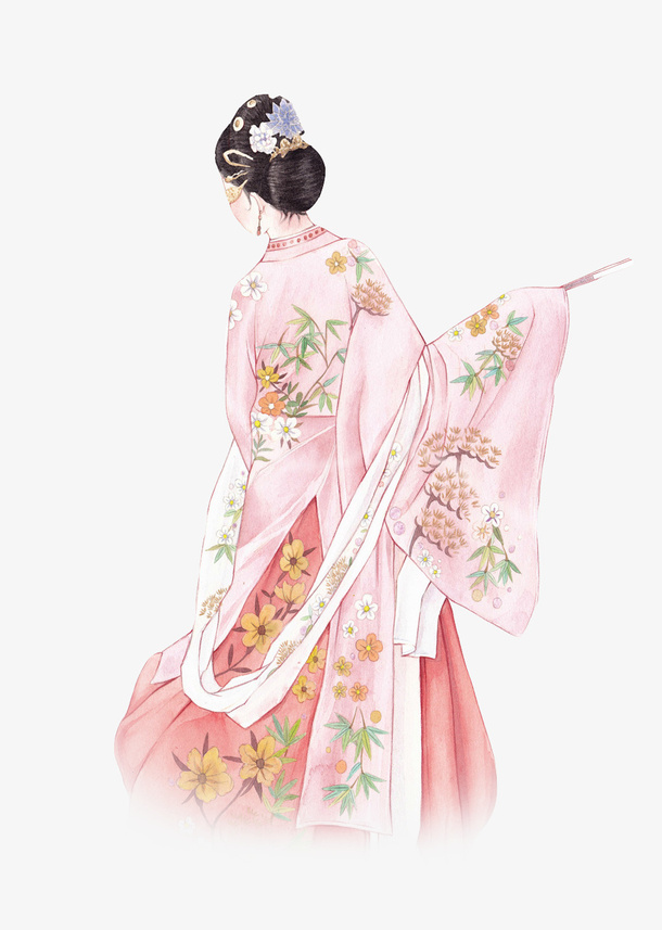 国潮汉服美女背影免抠手绘/卡通手绘元素