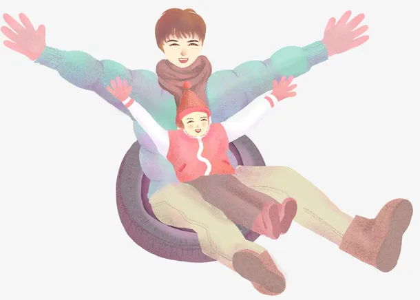 卡通手绘亲子滑雪插画免抠