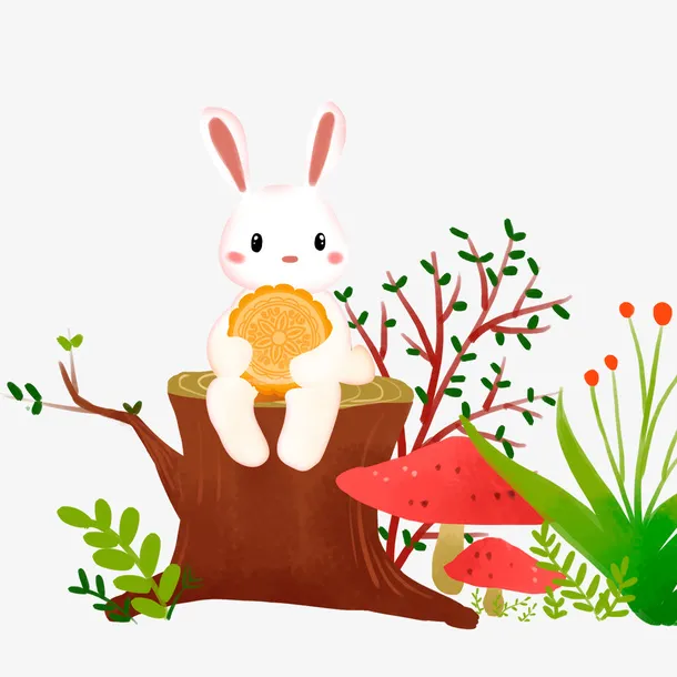 手绘卡通小白兔吃月饼免抠