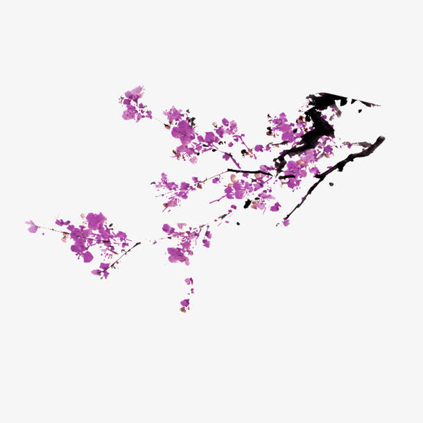 紫色桃花水墨风装饰图案免抠