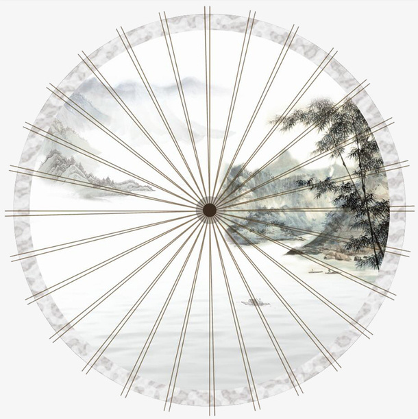 白色水墨画伞免抠