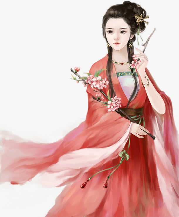 彩绘立绘红色衣服桃花美女免抠