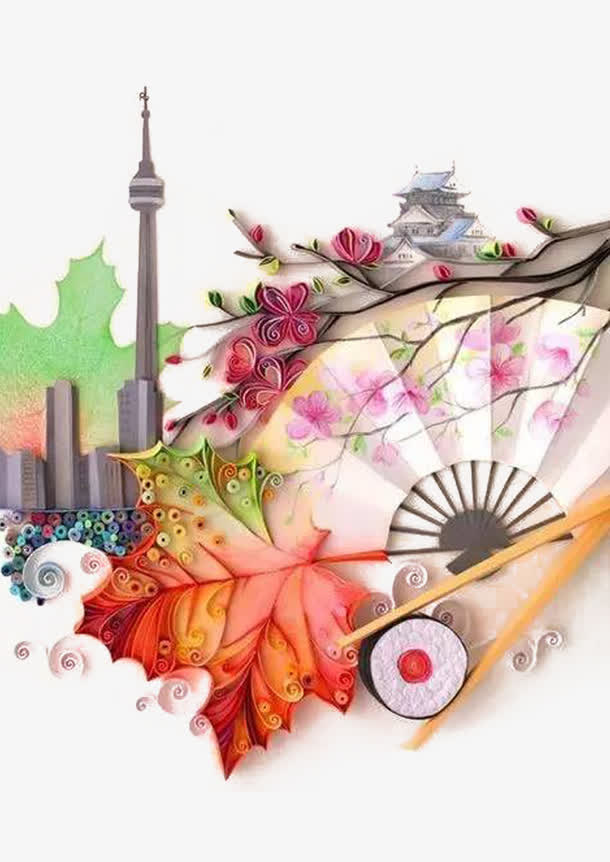 扇子梅花建筑物免抠