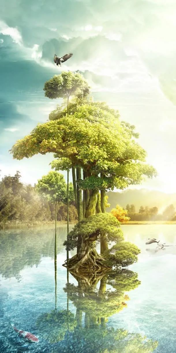 扁平彩绘风格树木猫头鹰环境渲染免抠