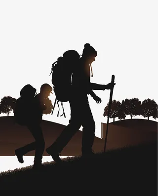 夕阳下背包客剪影免抠