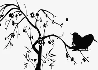 墨迹小鸟树枝免抠
