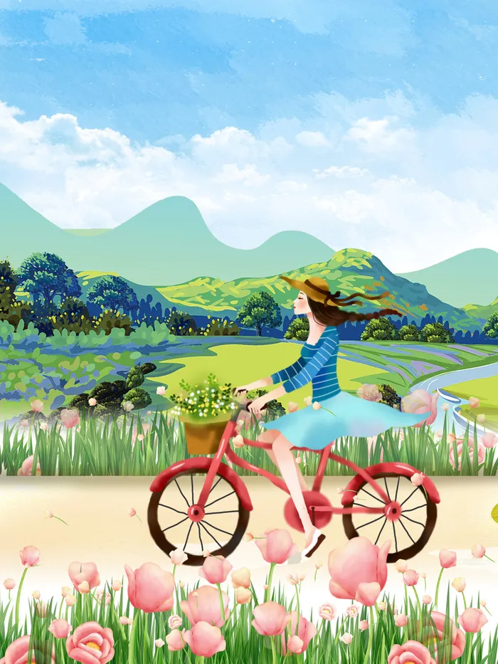 手绘插画清新与春天私奔春季旅游海报背景高清卡通手绘背景
