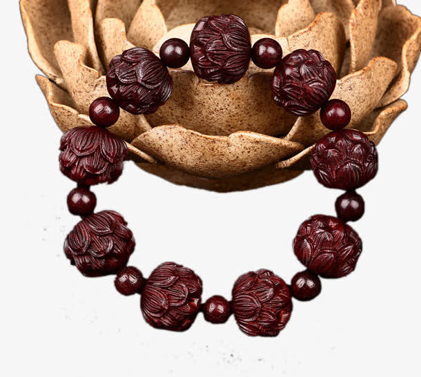 大料精雕莲花文玩木手链免抠