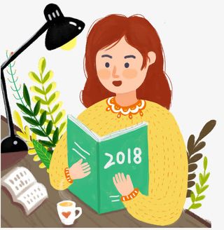 手绘插画在书桌旁读书的女学生免抠