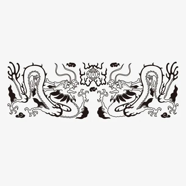 黑白线中国龙元素免抠
