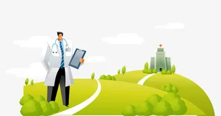 彩色矢量卡通绿色草地白袍医生免抠