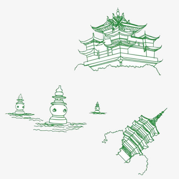 绿色清新创意手绘建筑杭州地标免免抠