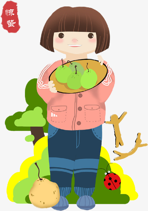 手绘惊蛰吃梨子免抠