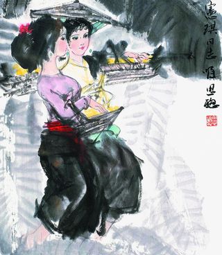 国画傣族姑娘免抠